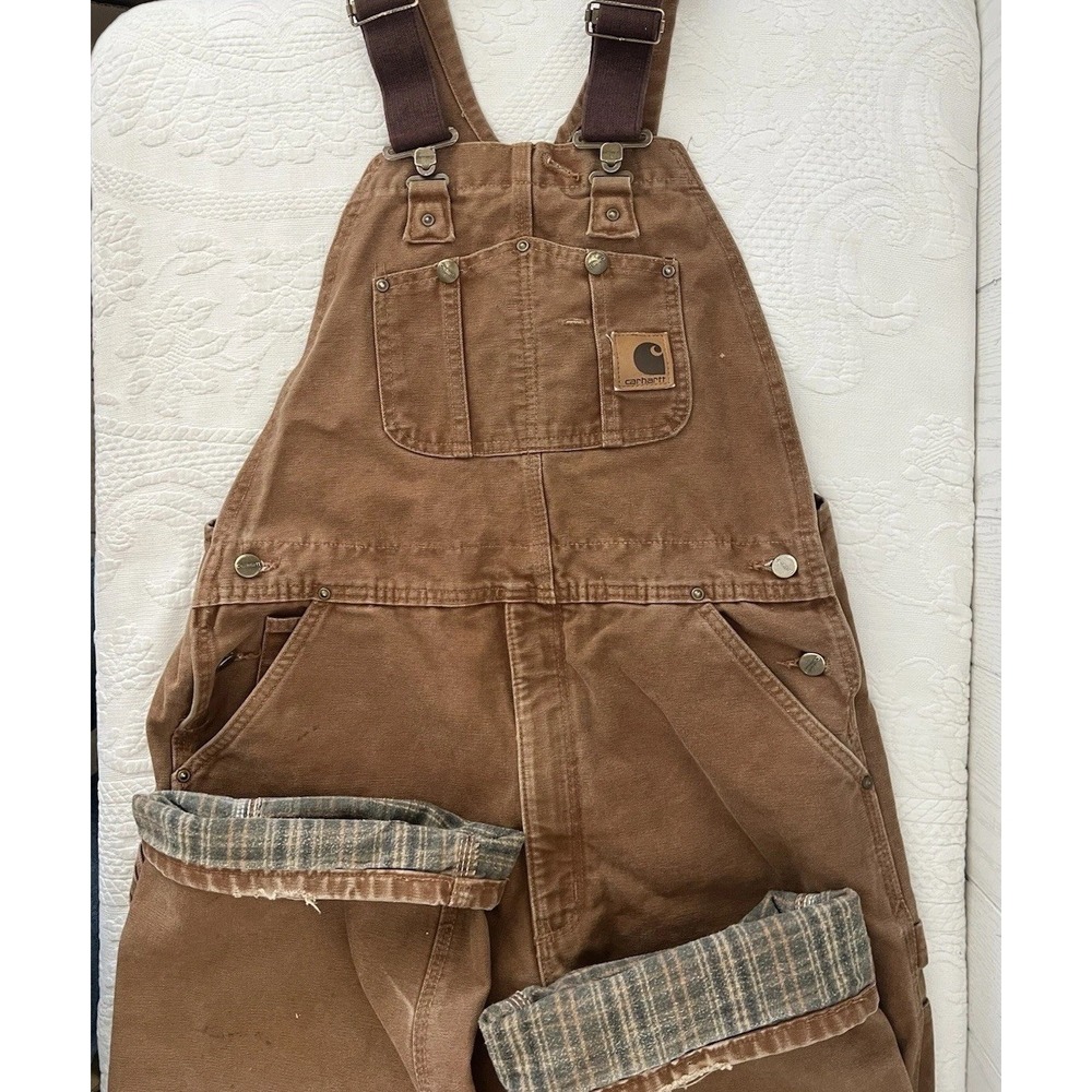 Carhartt Overall 34x29 Brown Flannel Blanket Lined R42 Double Knee Work Bib